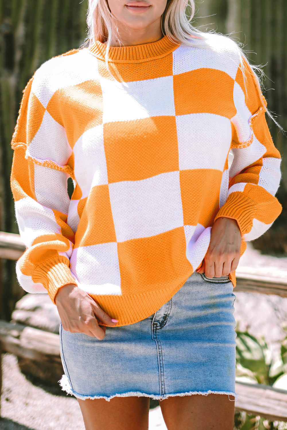 Orange Checkered Bishop Sleeve Sweater - Celeste  Sweaters & Cardigans/Sweaters  