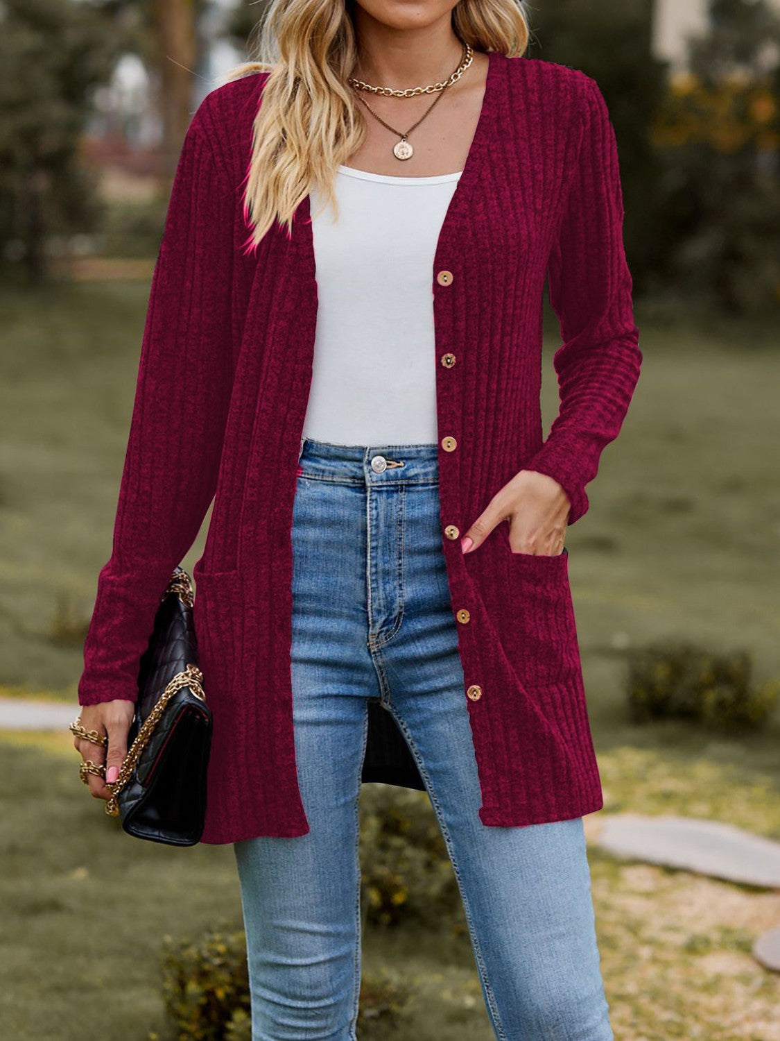 Ribbed Button Up Long Sleeve Cardigan - Celeste    