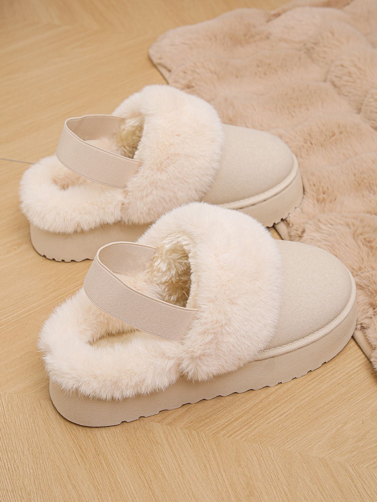 Faux Fur Round Toe Platform Slippers - Celeste    