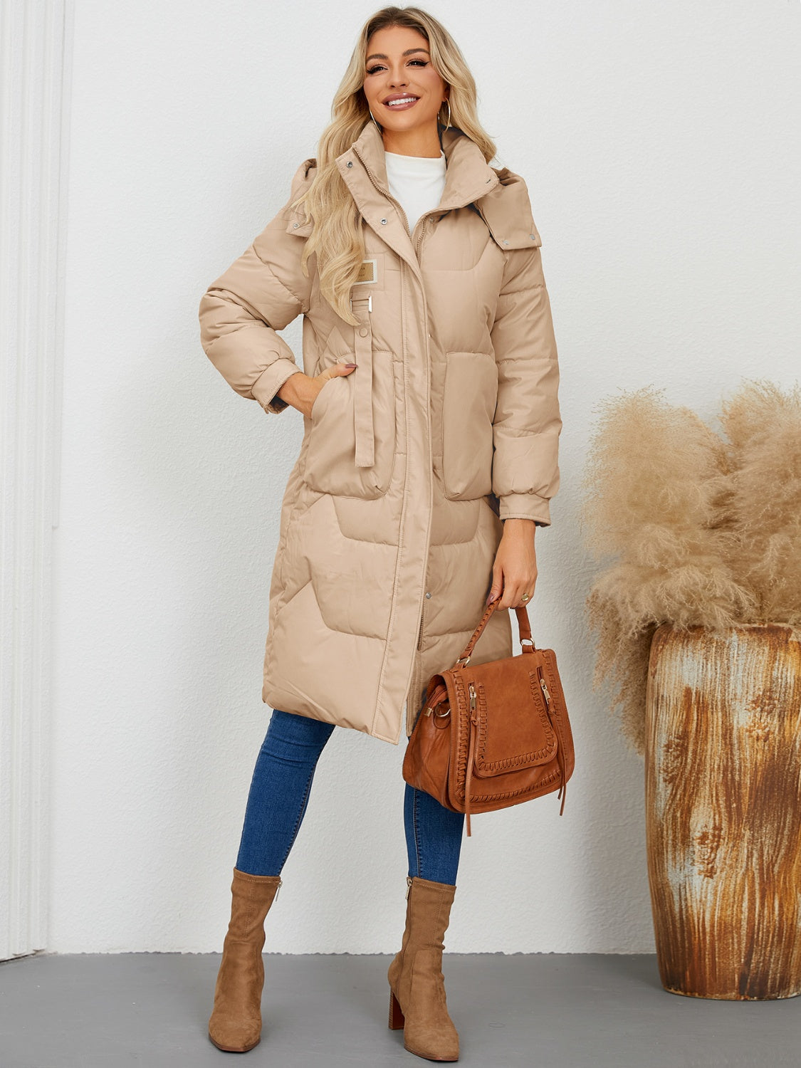 Long Sleeve Longline Hooded Winter Coat - Celeste    