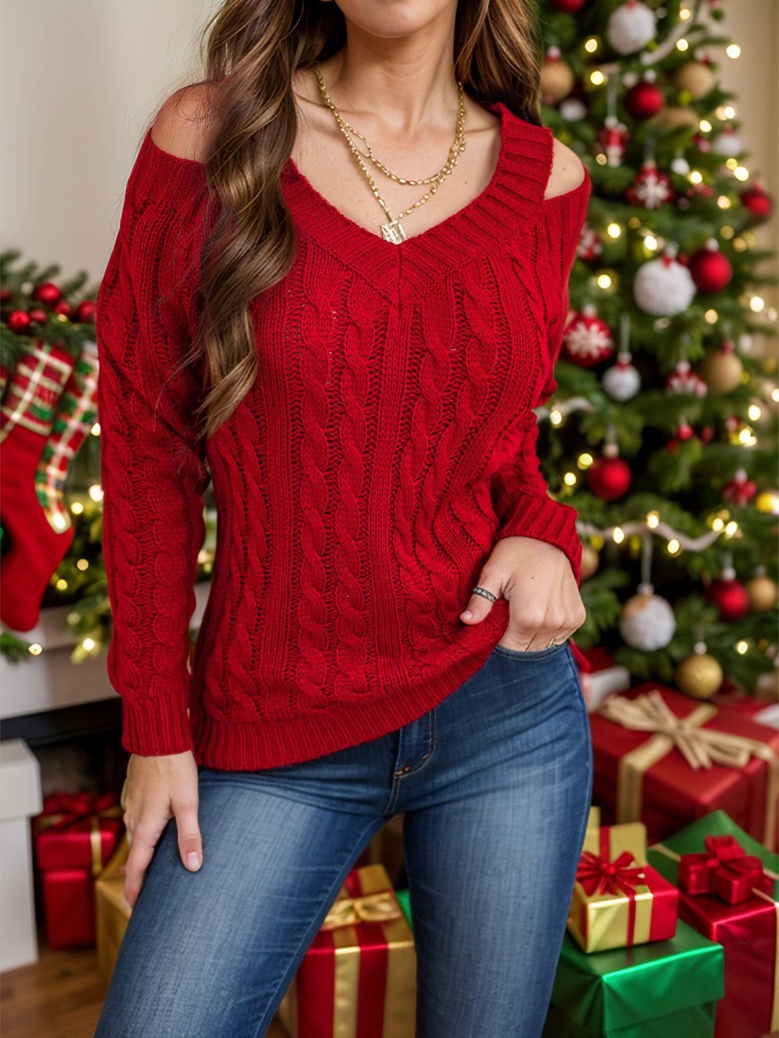 Honey Cable-Knit V-Neck Cold Shoulder Sweater - Celeste    