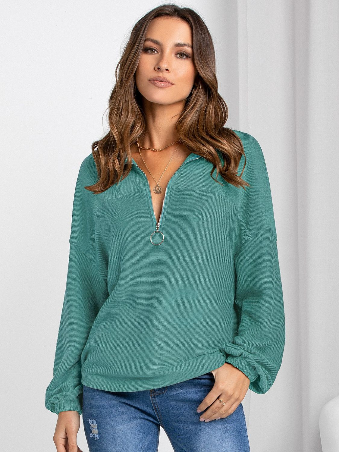 Half Zip Collared Neck Long Sleeve Sweatshirt - Celeste    