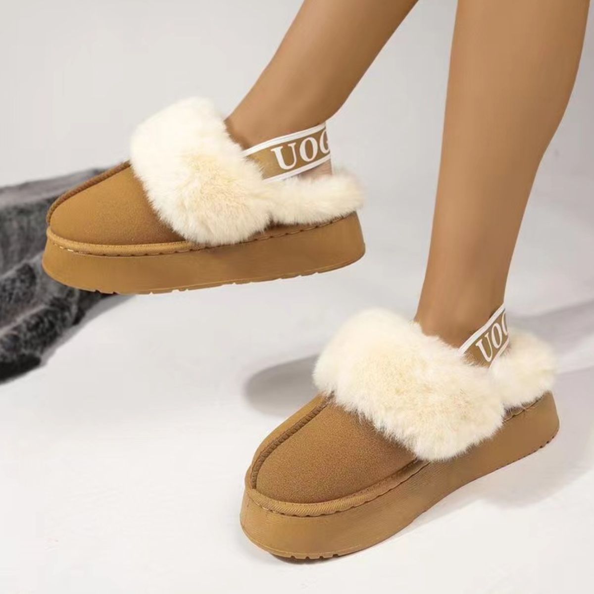 Plush Platform Slippers with Letter Strap - Celeste    