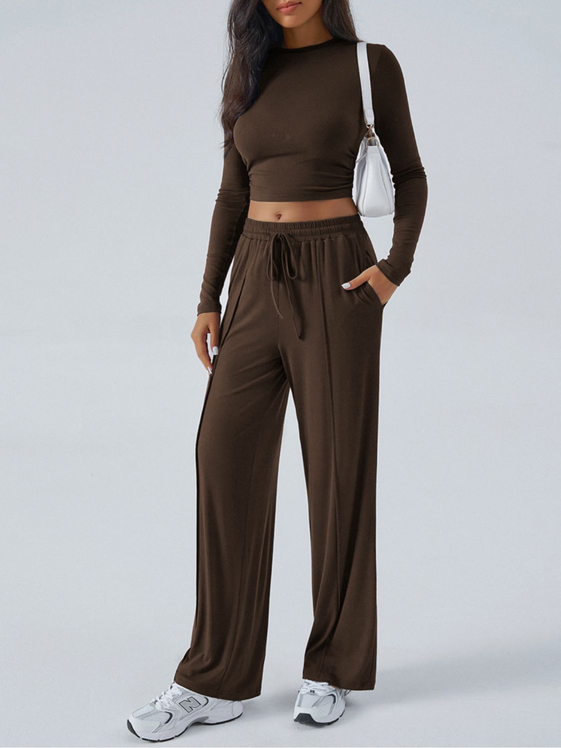 Devine Round Neck Long Sleeve Top and Pants Set - Celeste    