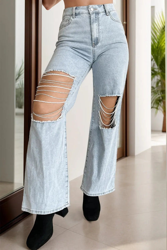 Distressed Bead Chain Straight Jeans - Celeste