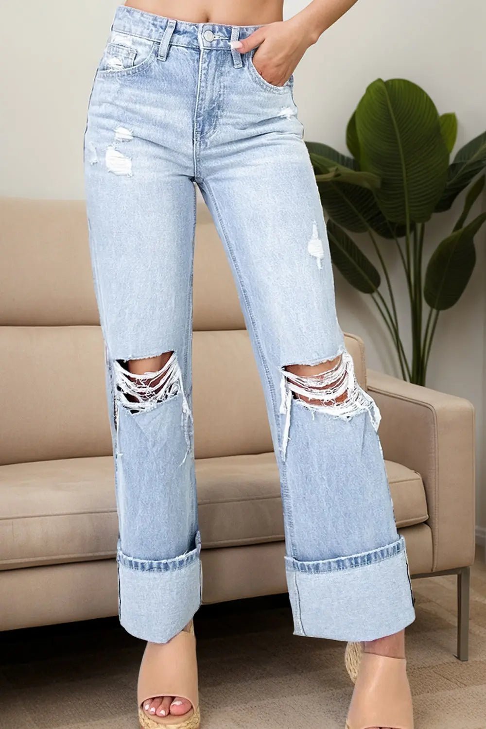 Distressed High Waist Jeans with Pockets - Celeste