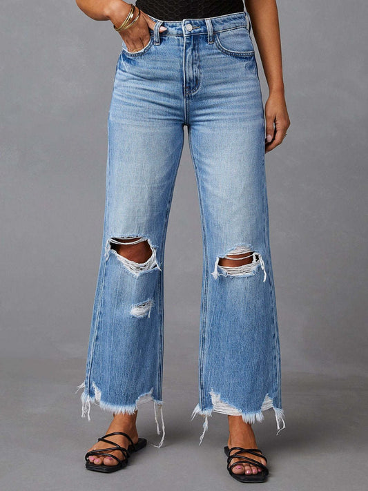 Distressed Raw Hem Jeans with Pockets - Celeste