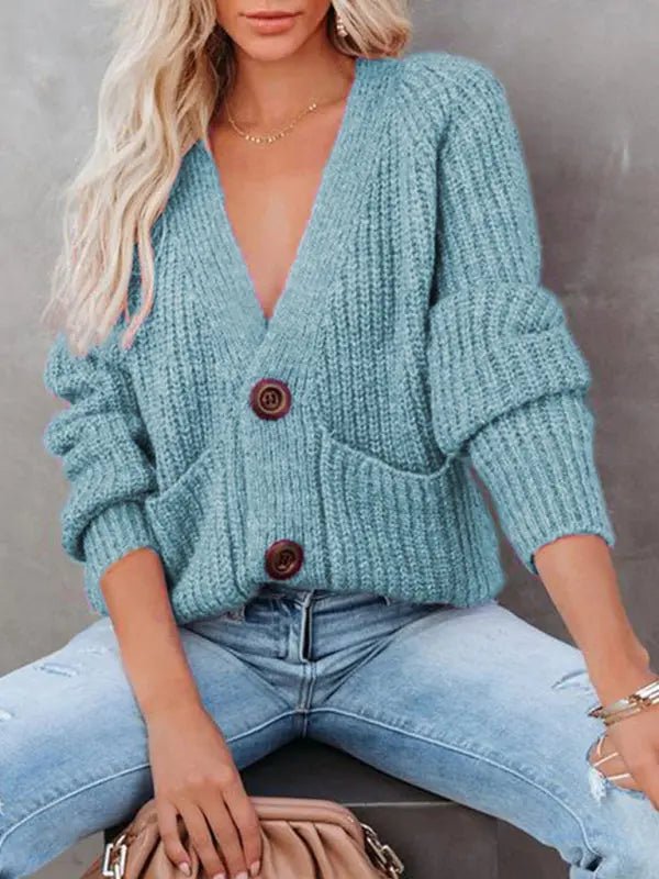 Double Breasted Button - Up Cardigan Sweater - Celeste