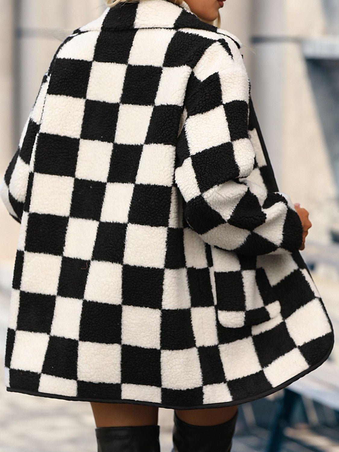 Double Take Full Size Checkered Button Front Coat with Pockets - Celeste