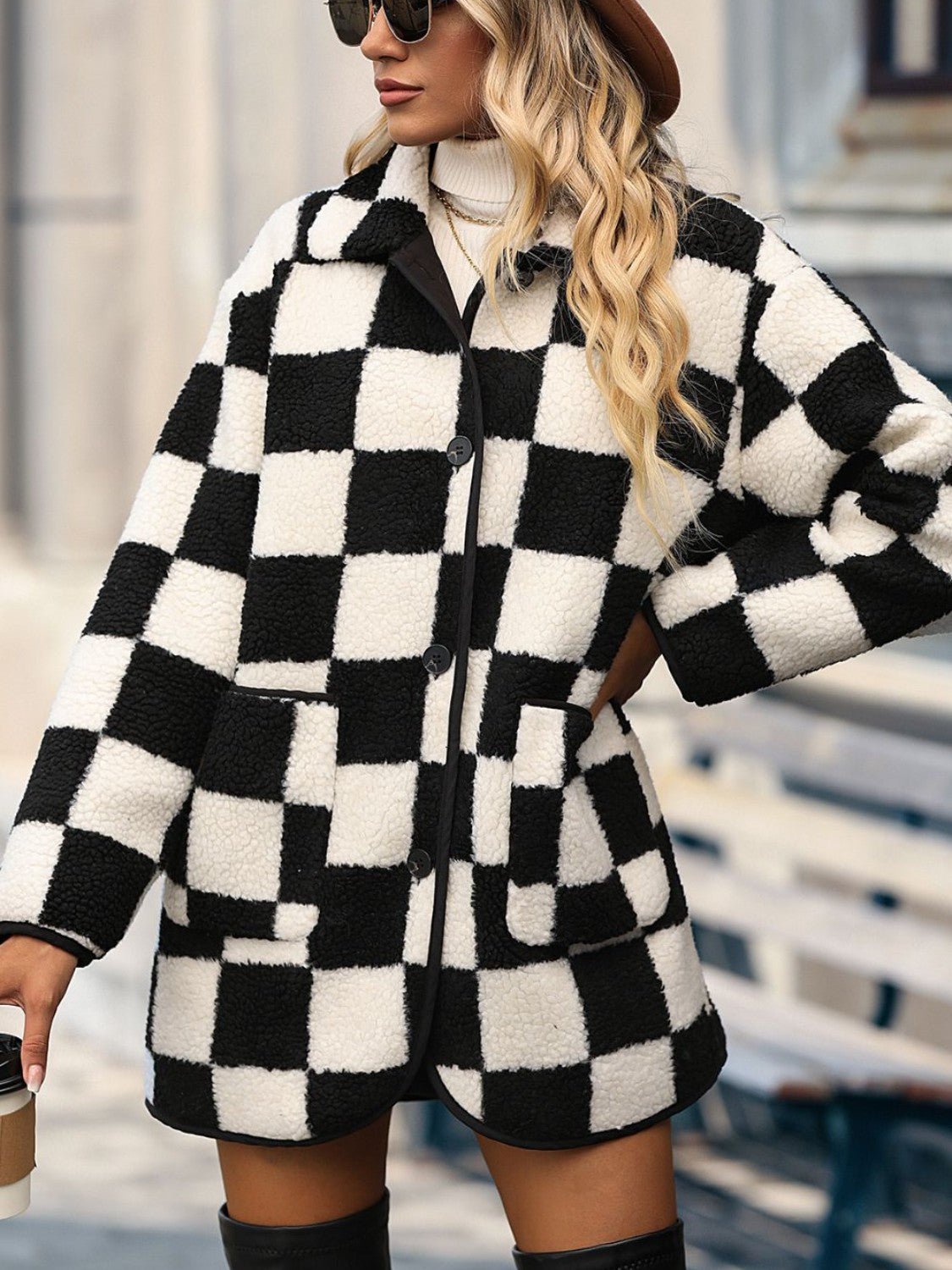 Double Take Full Size Checkered Button Front Coat with Pockets - Celeste