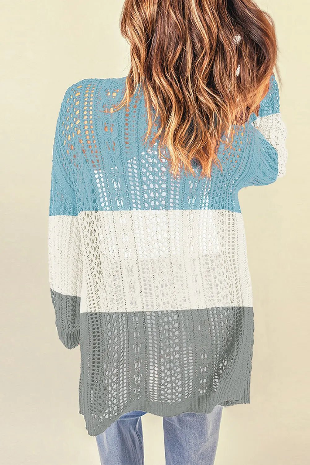 Double Take Openwork Ribbed Cuff Longline Cardigan - Celeste