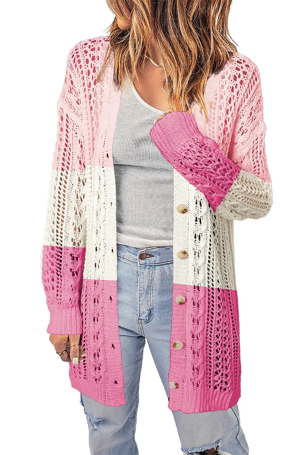 Double Take Openwork Ribbed Cuff Longline Cardigan - Celeste