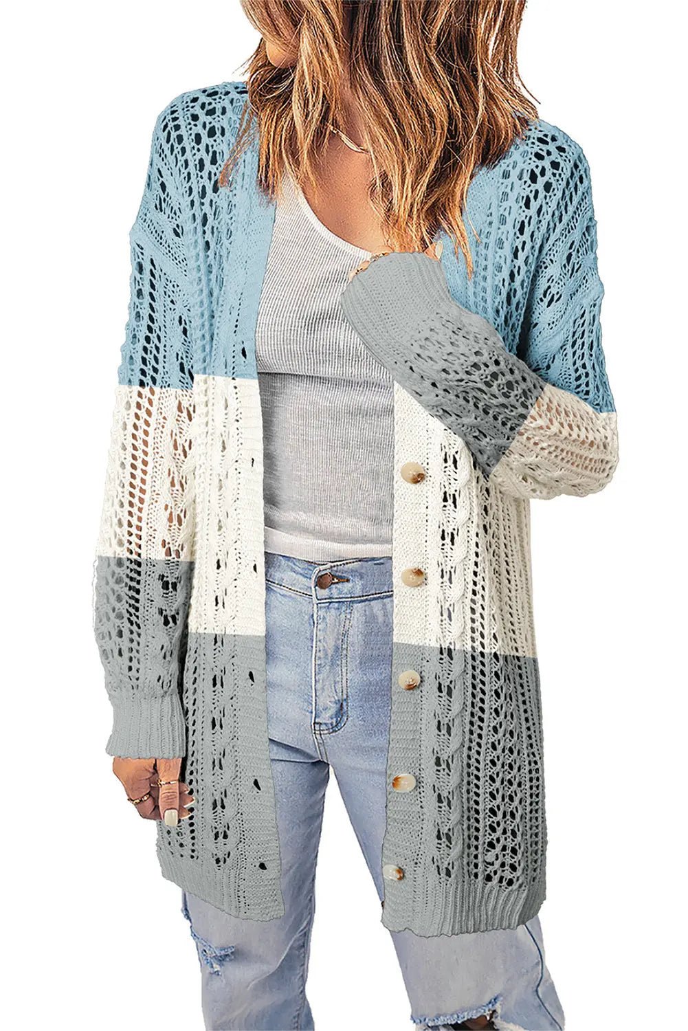 Double Take Openwork Ribbed Cuff Longline Cardigan - Celeste