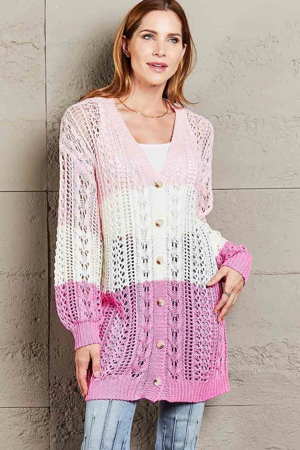 Double Take Openwork Ribbed Cuff Longline Cardigan - Celeste