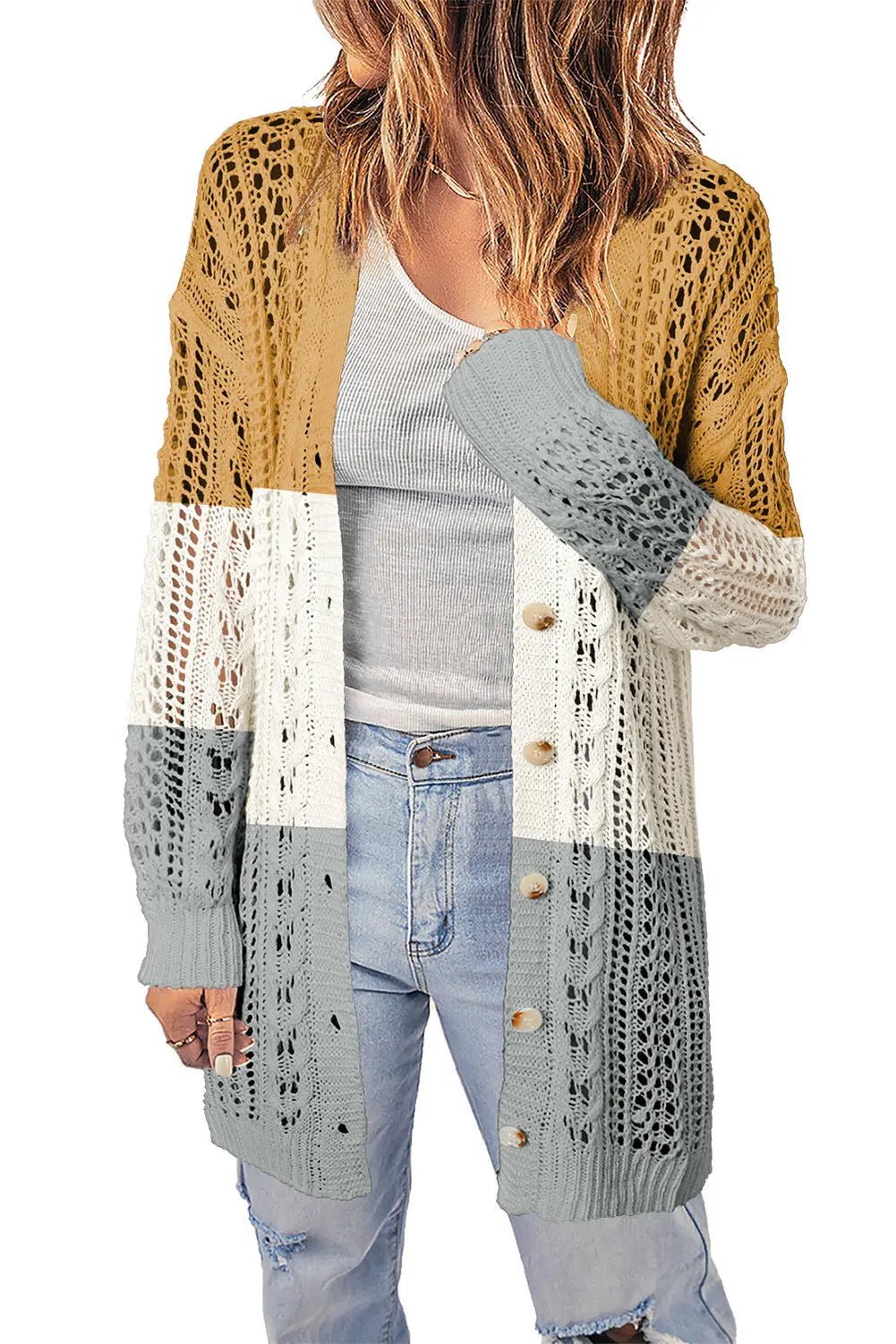 Double Take Openwork Ribbed Cuff Longline Cardigan - Celeste