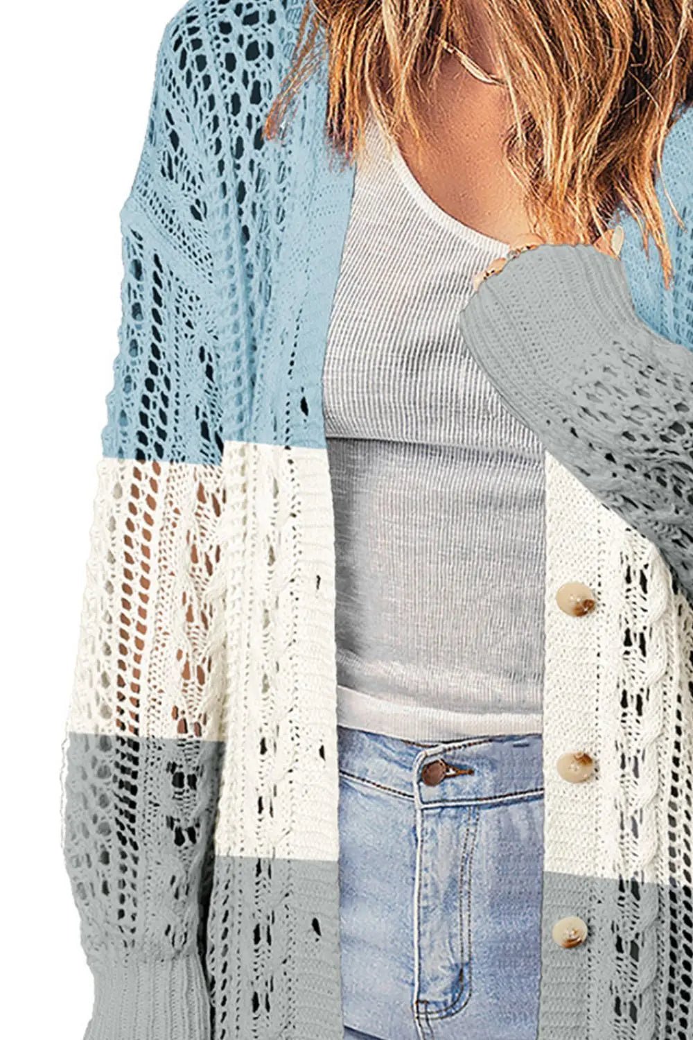 Double Take Openwork Ribbed Cuff Longline Cardigan - Celeste