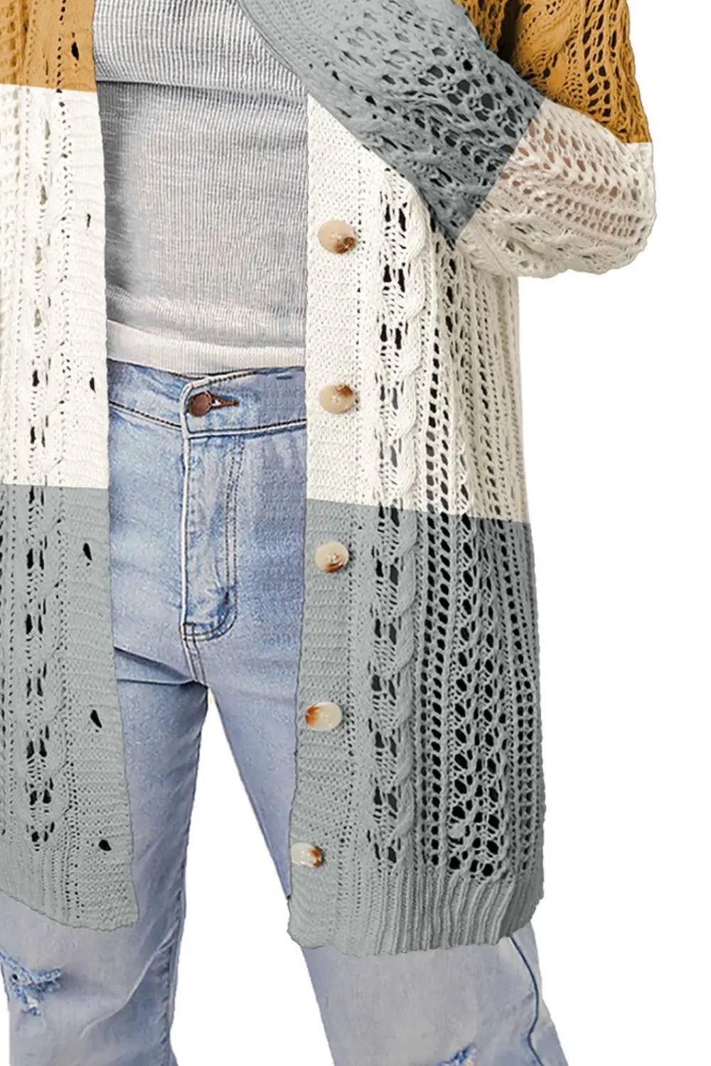 Double Take Openwork Ribbed Cuff Longline Cardigan - Celeste