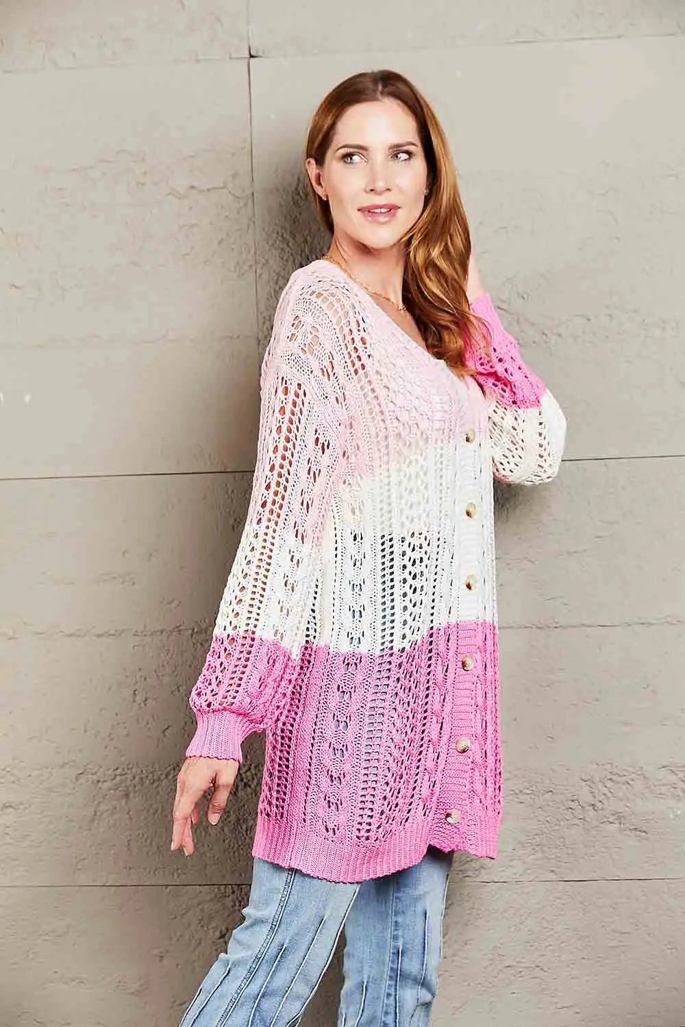 Double Take Openwork Ribbed Cuff Longline Cardigan - Celeste