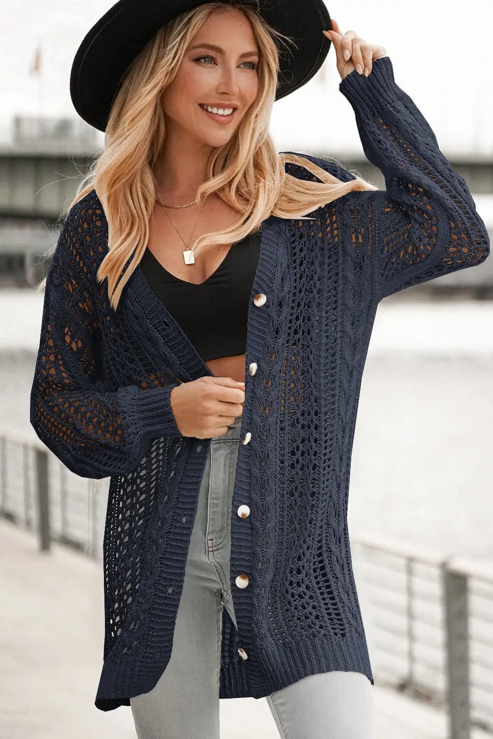 Double Take Openwork Ribbed Cuff Longline Cardigan - Celeste