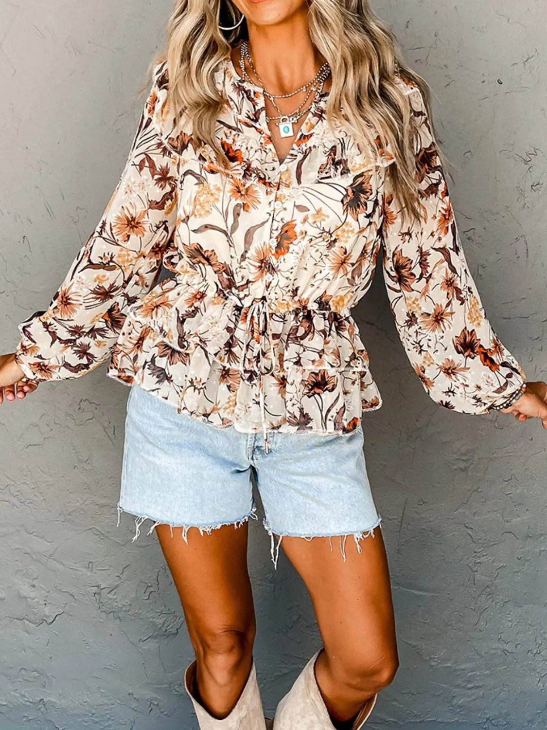 Drawstring Floral Lantern Sleeve Blouse - Celeste