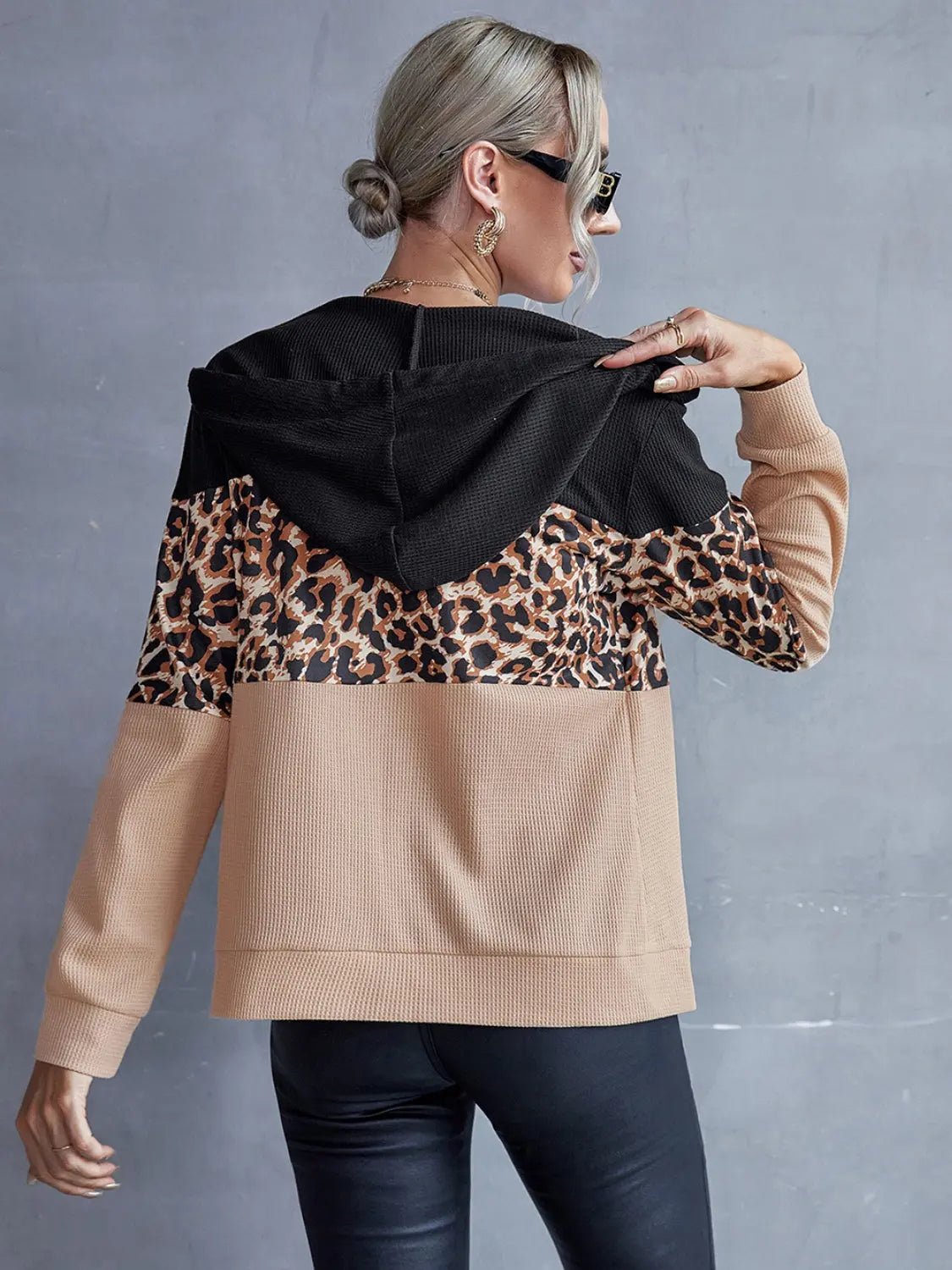 Drawstring Leopard Zip Up Hooded Jacket - Celeste