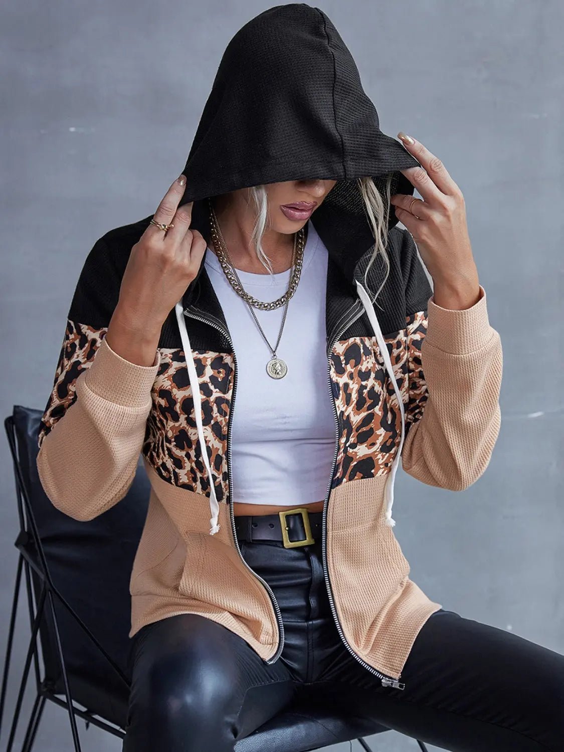 Drawstring Leopard Zip Up Hooded Jacket - Celeste