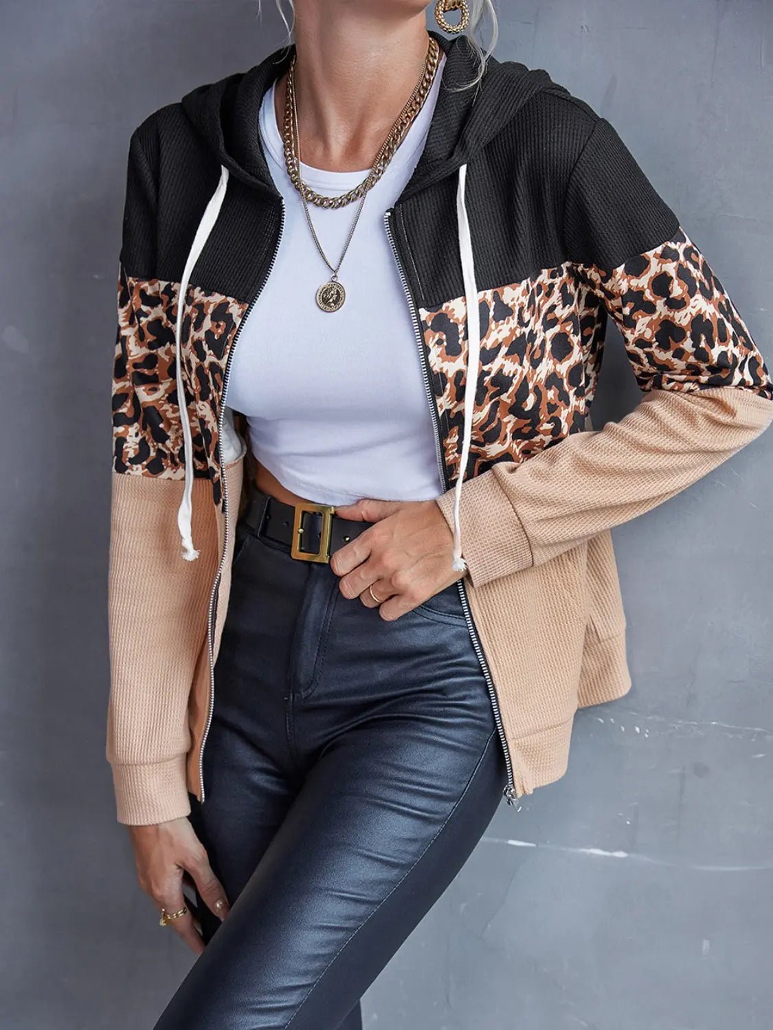 Drawstring Leopard Zip Up Hooded Jacket - Celeste