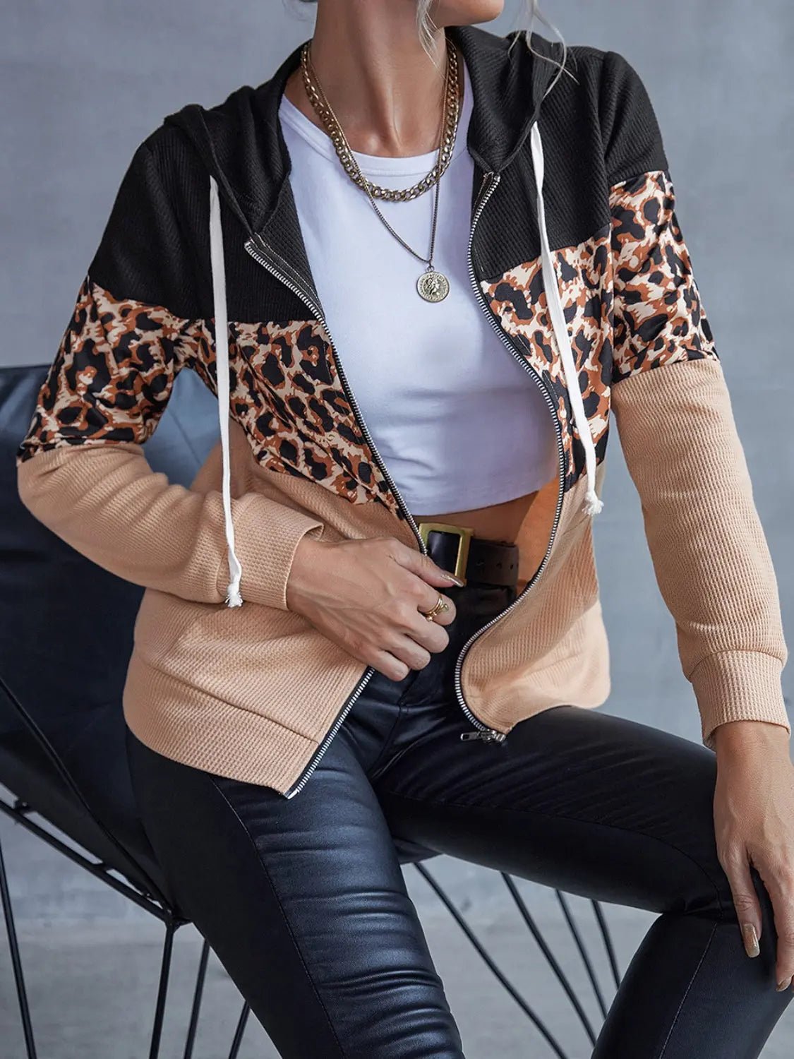 Drawstring Leopard Zip Up Hooded Jacket - Celeste