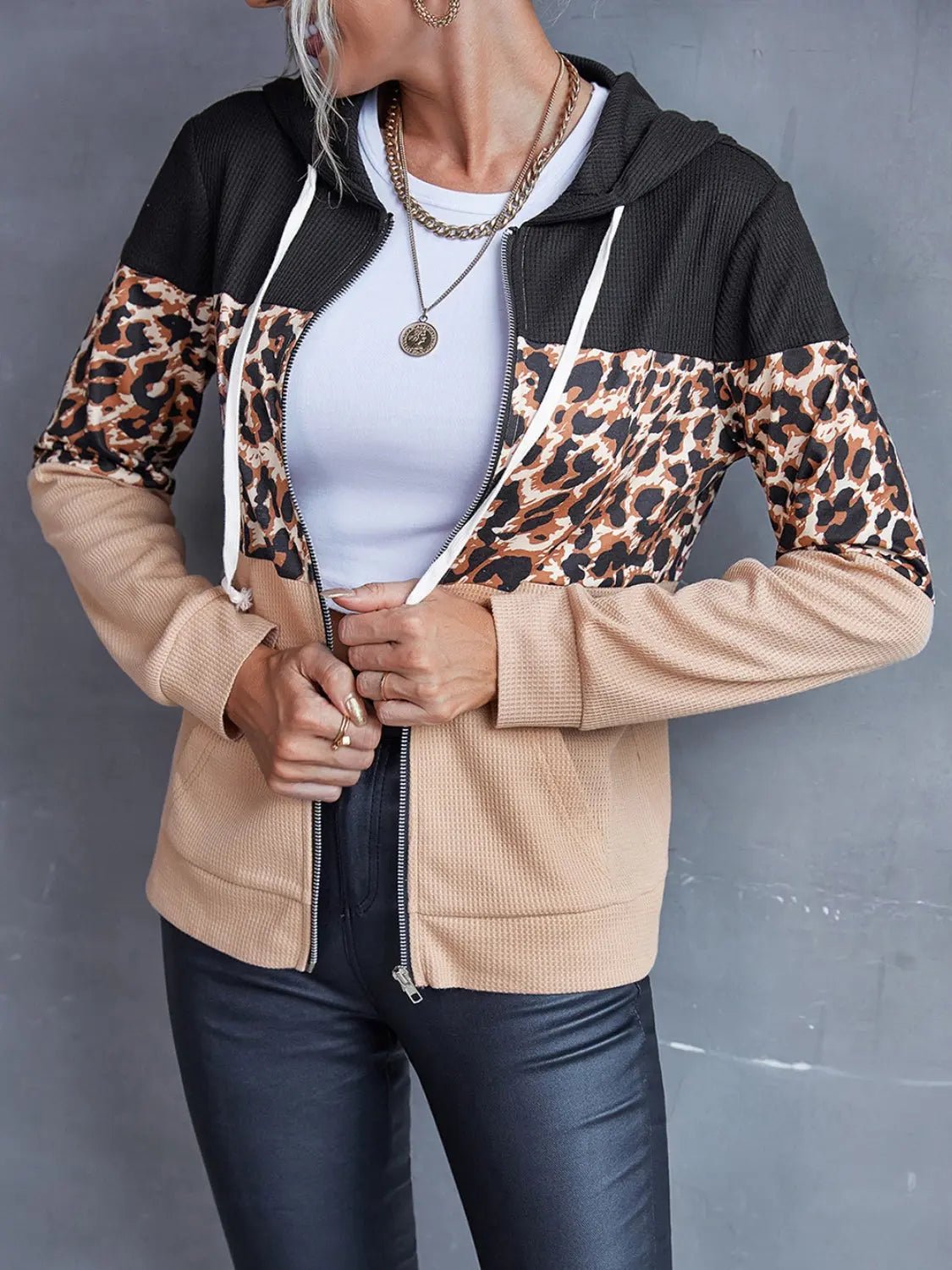 Drawstring Leopard Zip Up Hooded Jacket - Celeste