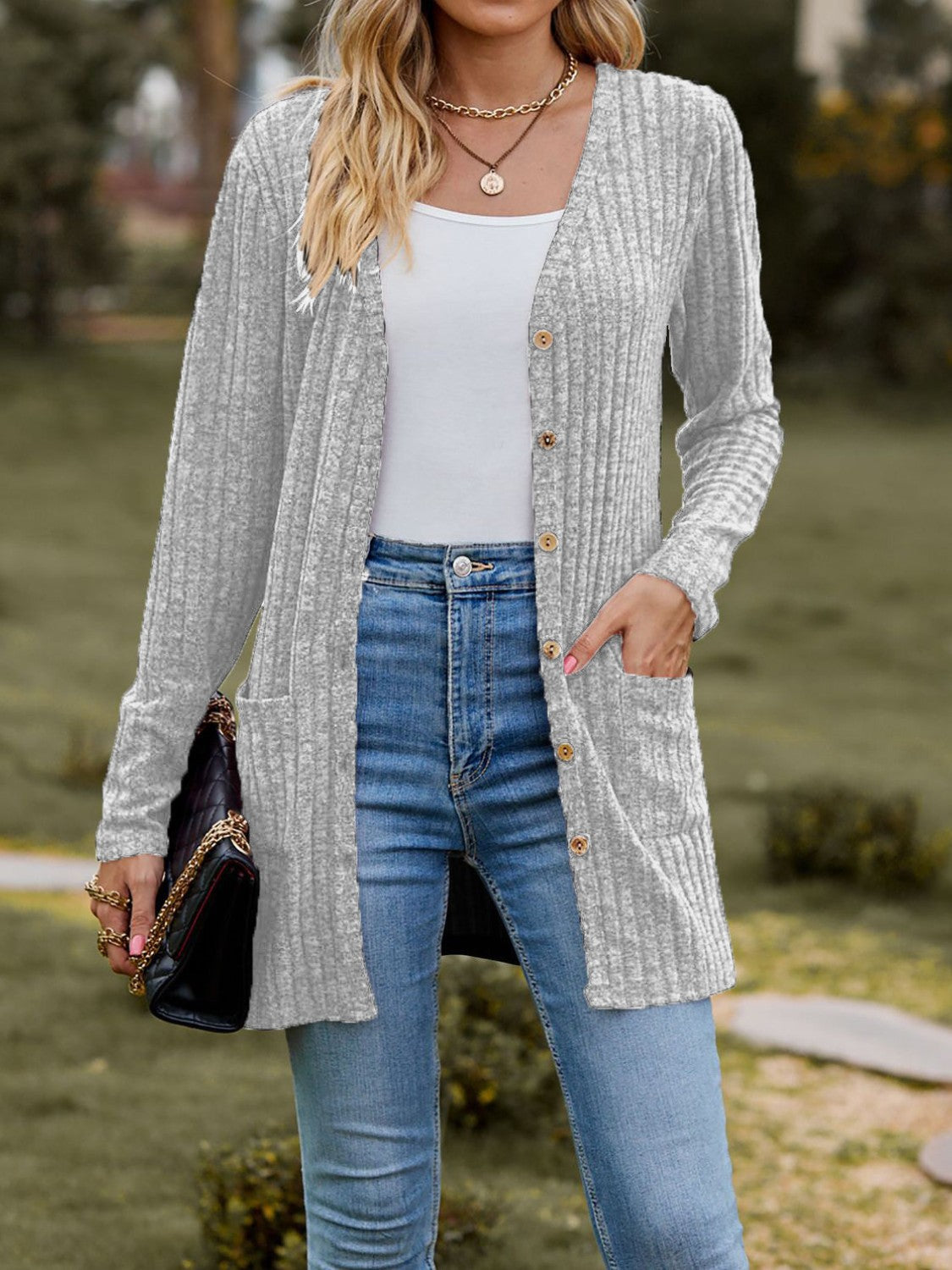 Ribbed Button Up Long Sleeve Cardigan - Celeste    