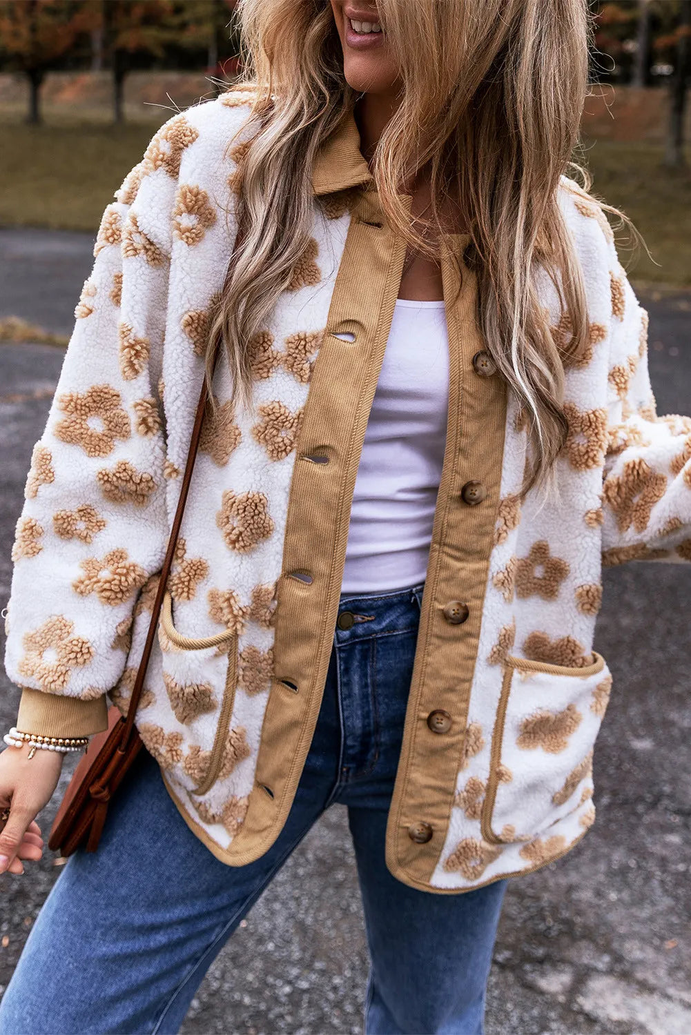 Flower Button Up Long Sleeve Jacket - Celeste    