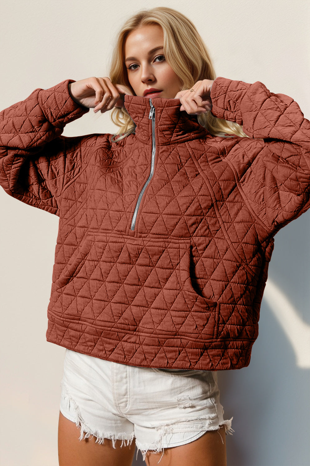 Double Take Half Zip Long Sleeve Quilted Sweatshirt with Pocket - Celeste    