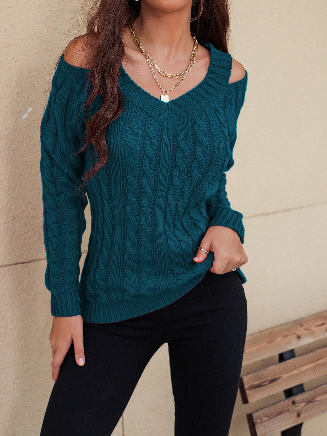 Honey Cable-Knit V-Neck Cold Shoulder Sweater - Celeste    