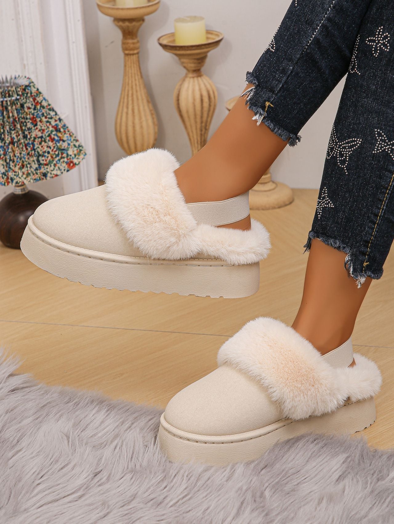 Faux Fur Round Toe Platform Slippers - Celeste    