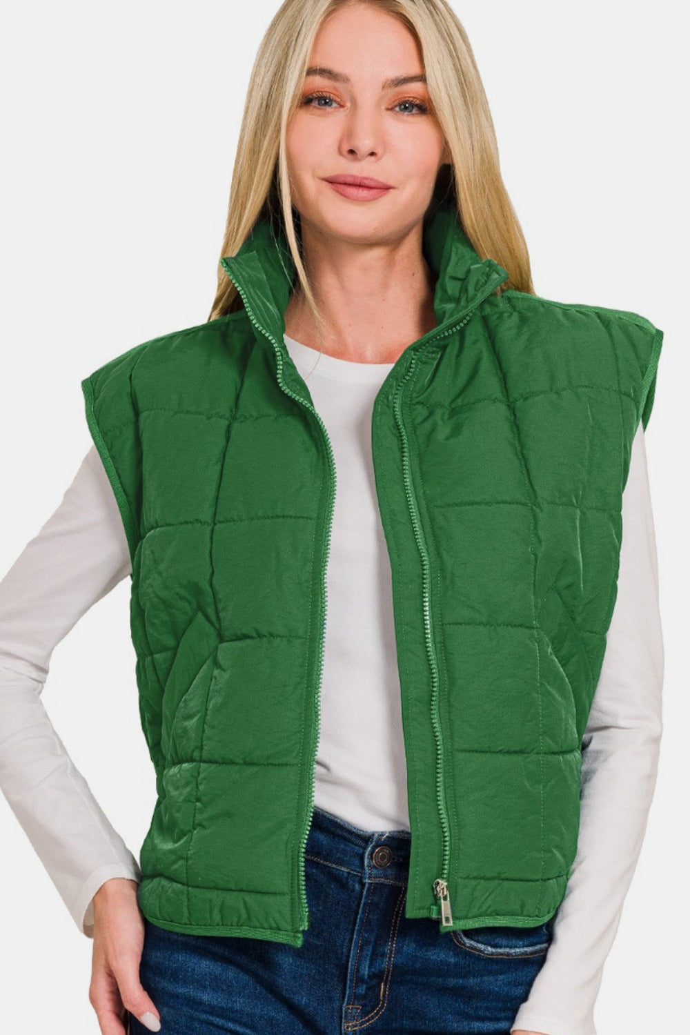 Zenana Zip Up Cropped Puffer Vest with Pockets - Celeste    