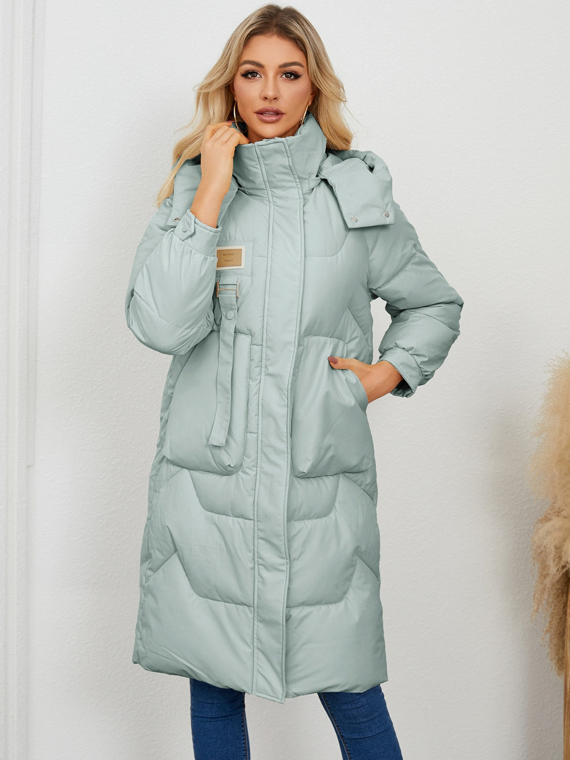 Long Sleeve Longline Hooded Winter Coat - Celeste    