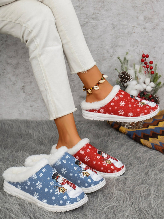 Snowman Print Flat Slippers with Faux Fur - Celeste    