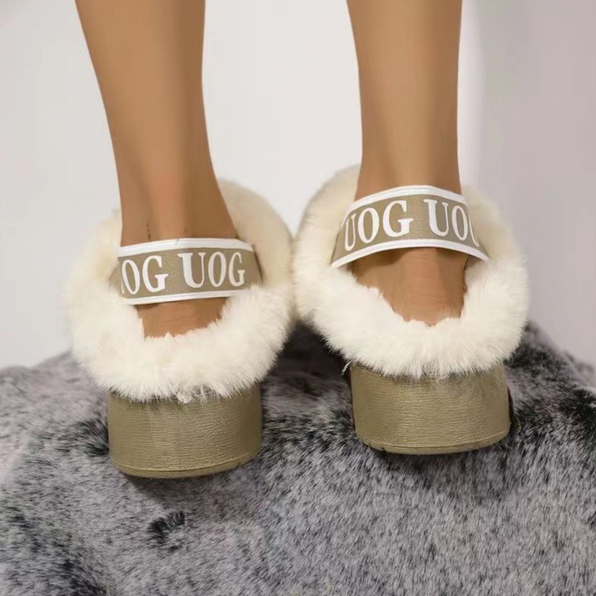 Plush Platform Slippers with Letter Strap - Celeste    