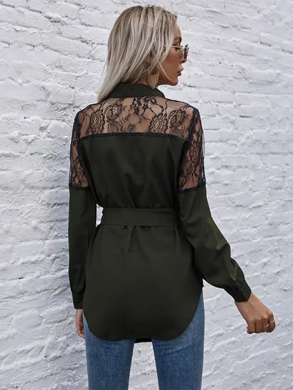 Elegant Lace Panel Black Tunic Blouse with Belt - Celeste