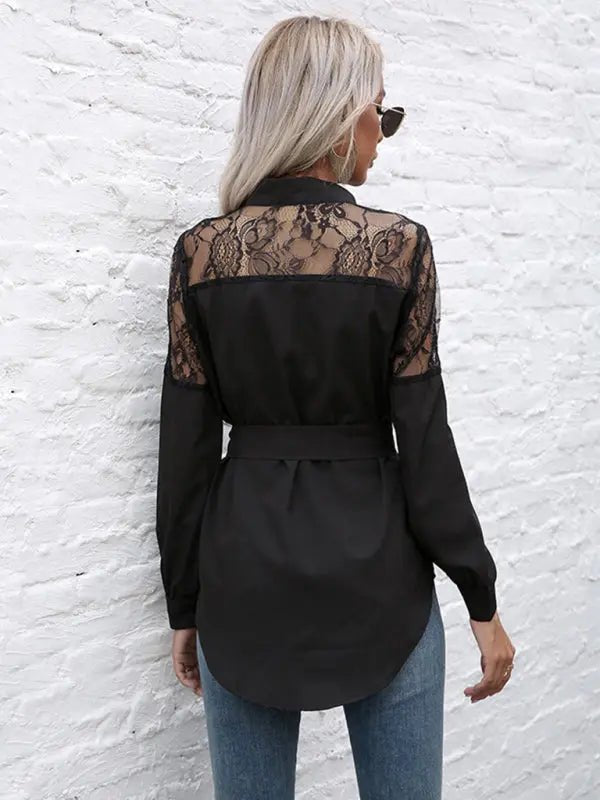 Elegant Lace Panel Black Tunic Blouse with Belt - Celeste