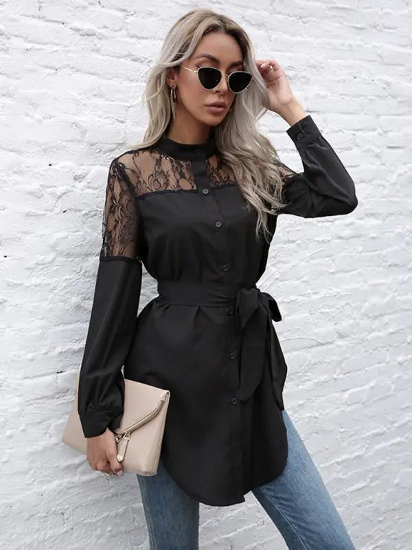 Elegant Lace Panel Black Tunic Blouse with Belt - Celeste