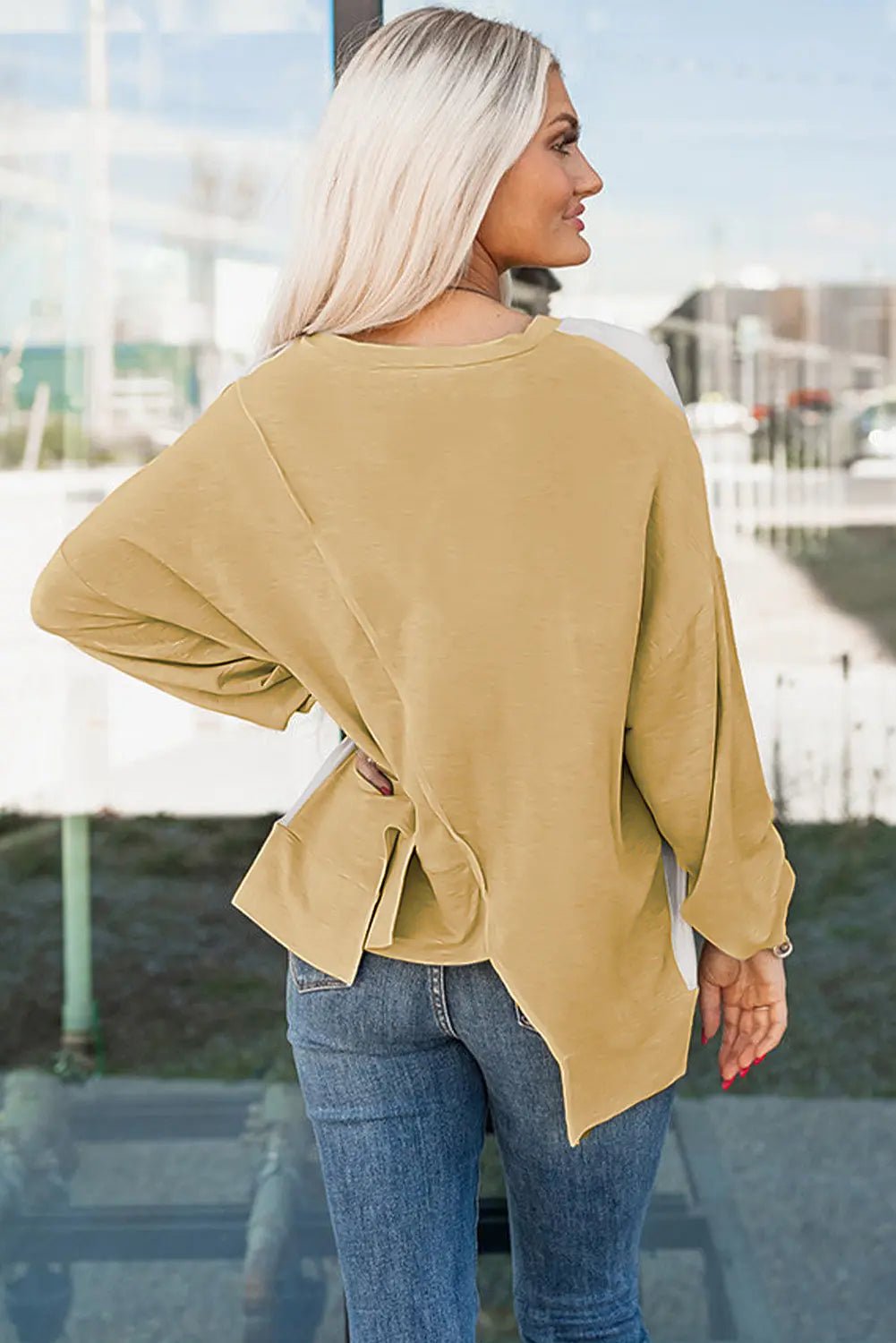 Exposed Seam Patchwork Round Neck Sweatshirt - Celeste