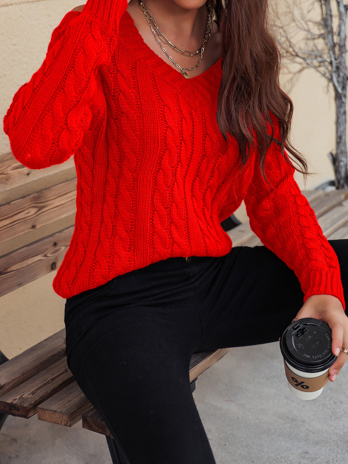 Honey Cable-Knit V-Neck Cold Shoulder Sweater - Celeste    