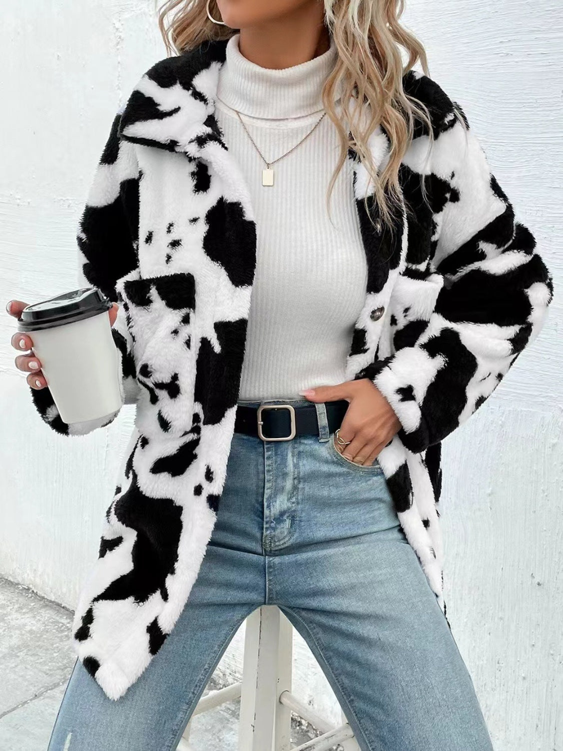 Cow Print Collared Neck Button Up Fuzzy Jacket - Celeste    