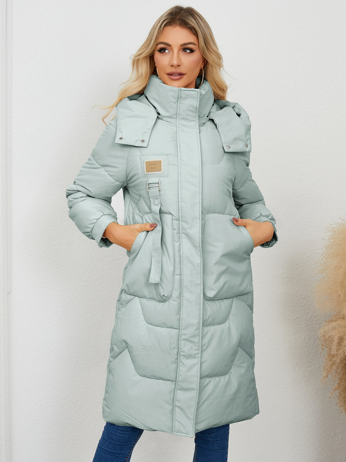 Long Sleeve Longline Hooded Winter Coat - Celeste    