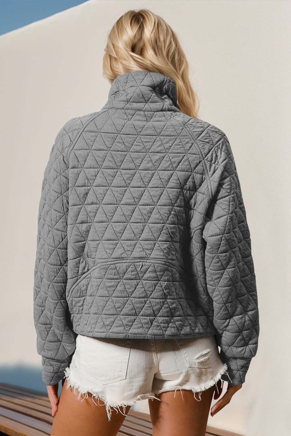 Double Take Half Zip Long Sleeve Quilted Sweatshirt with Pocket - Celeste    