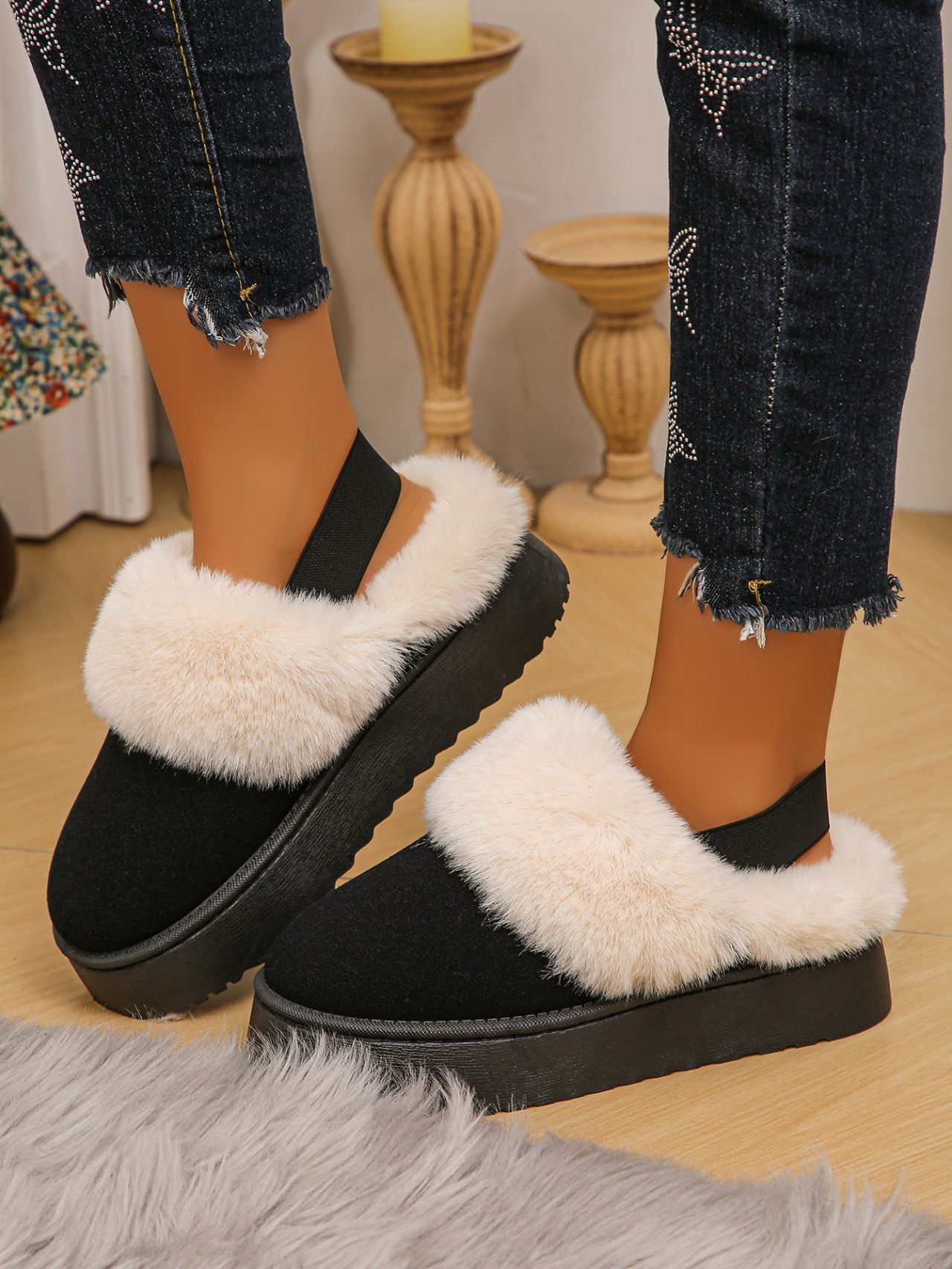 Faux Fur Round Toe Platform Slippers - Celeste    