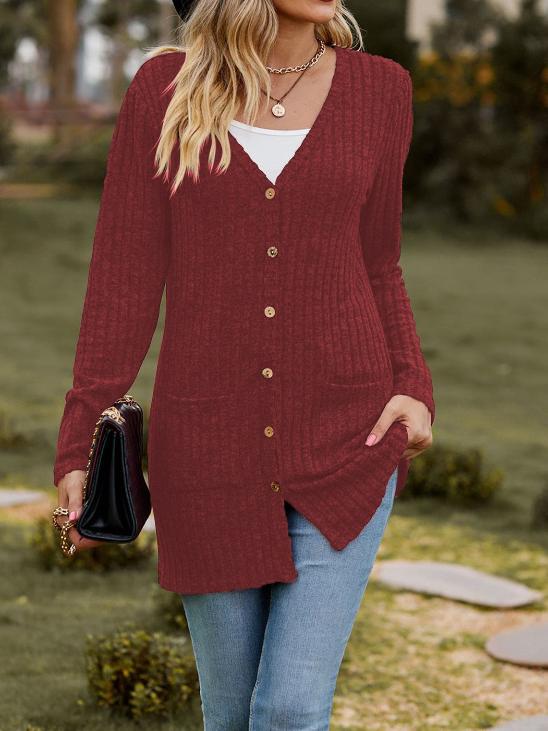 Ribbed Button Up Long Sleeve Cardigan - Celeste    