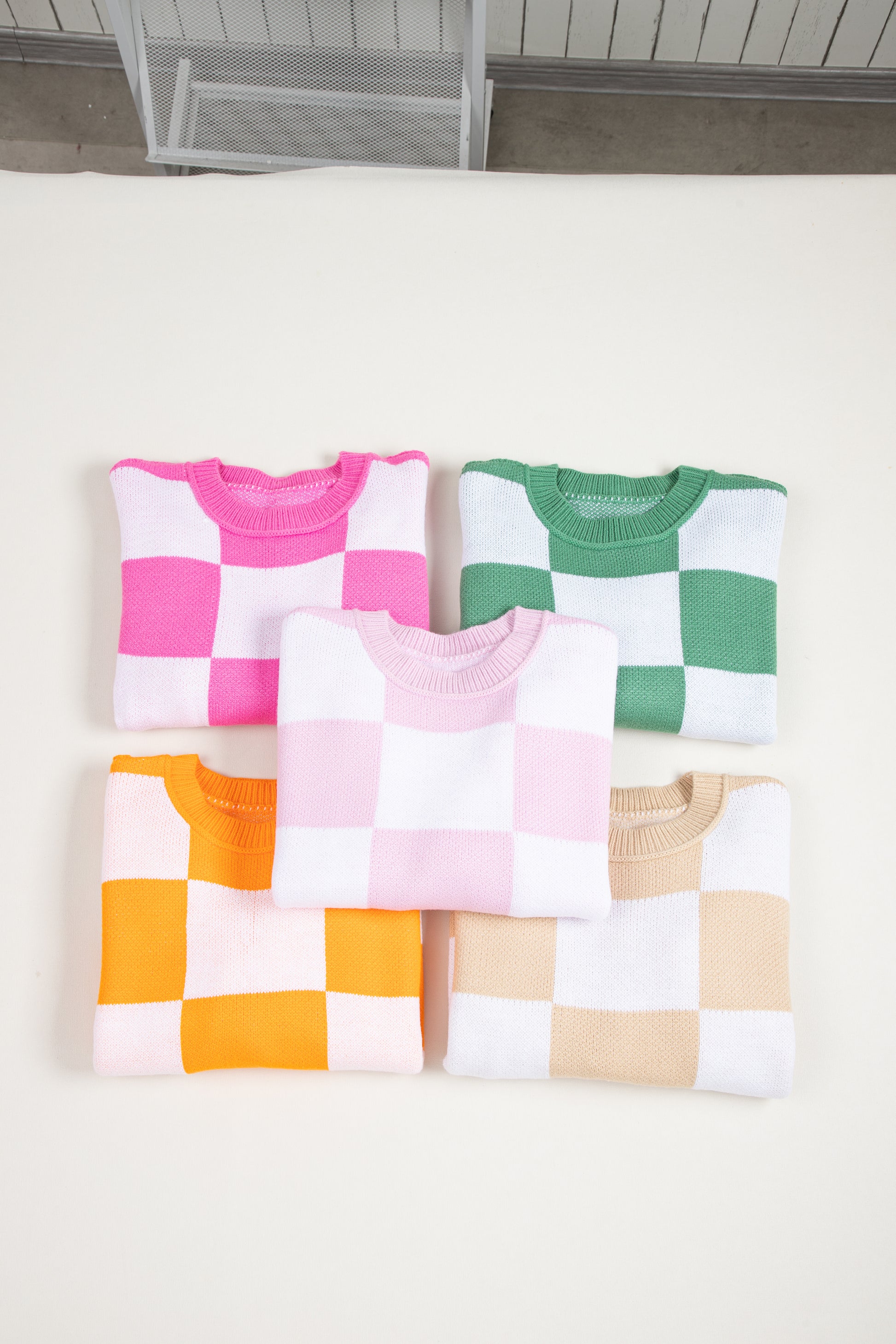 Orange Checkered Bishop Sleeve Sweater - Celeste  Sweaters & Cardigans/Sweaters  