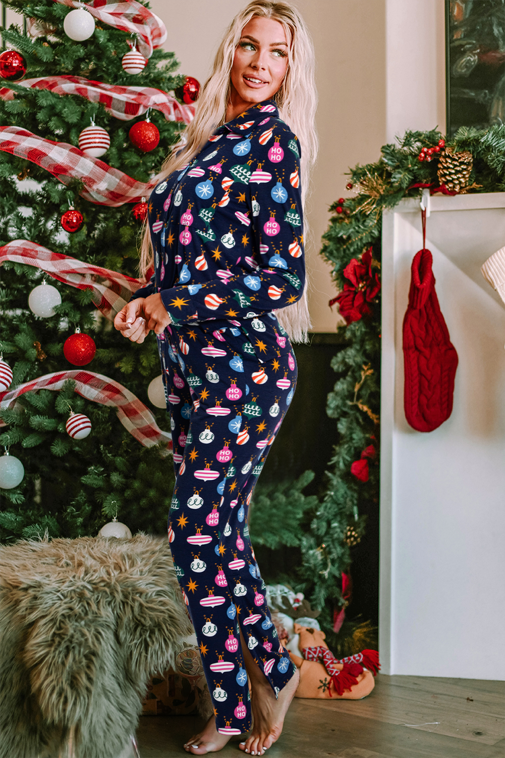 Christmas Lights Print Collared Neck Top and Pants Set - Celeste    